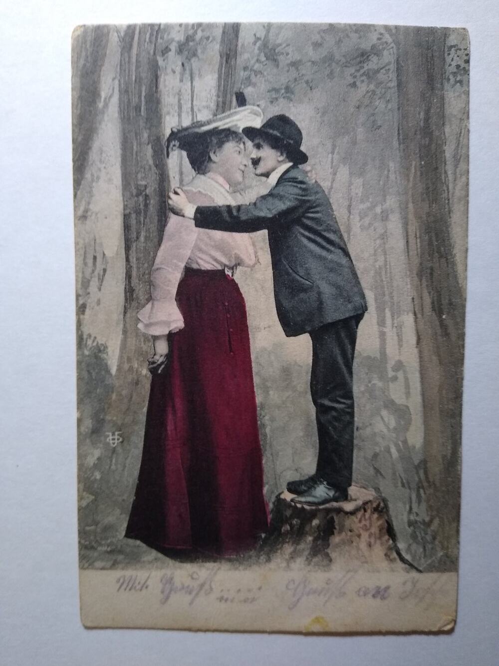 Vintage Romantic Couple Kissing Postcard Forest Scene "Mich grüßt"